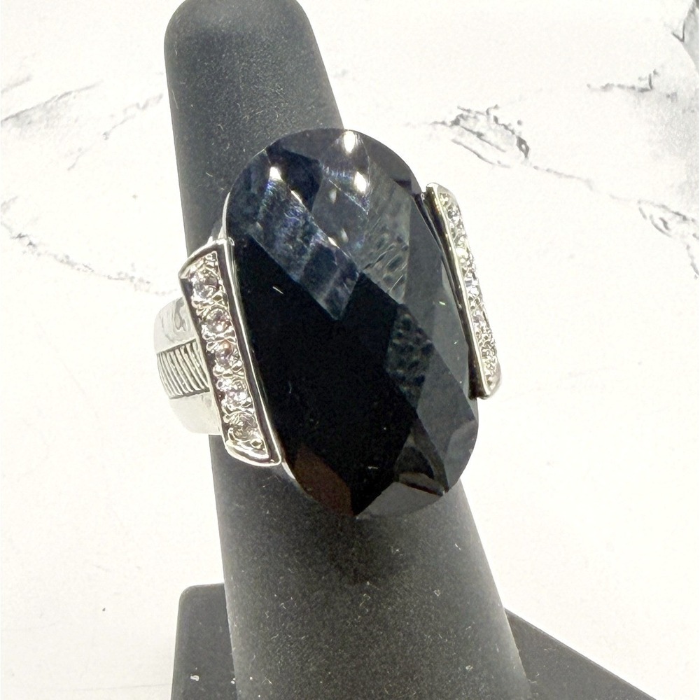 New Black Glass Silver Tone Cocktail Ring Clear Accents Size 6 VIDEO